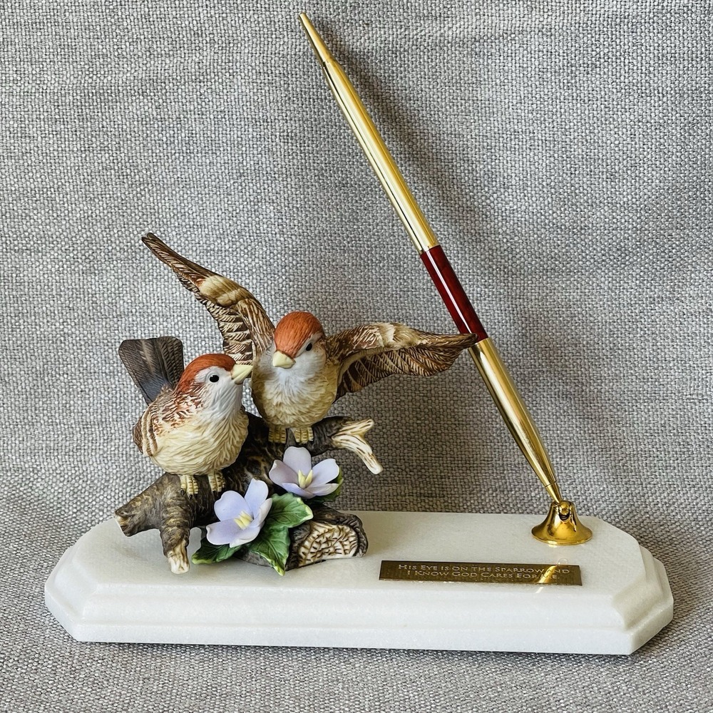 Vtg Porcelain Sparrow Pen Holder Figurine Marble‎ Base Bible Verse "God Cares"